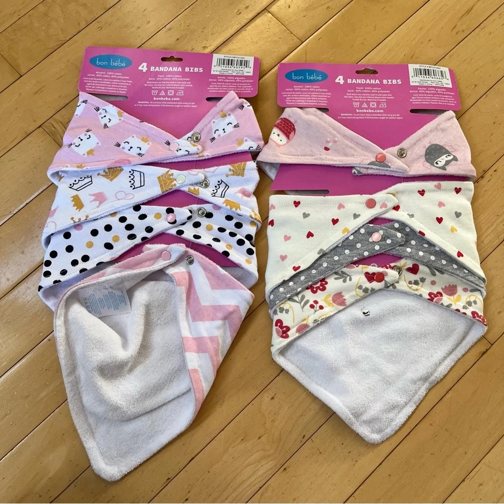 2x Le Bebe Favorite Girls Bandana Bibs, 0+ Months, Assorted Prints, 8 Bibs Total